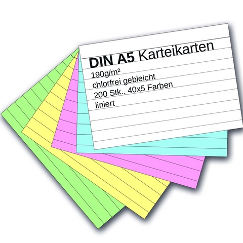 Karteikarten 200 St&uuml;ck A5 farbig liniert
