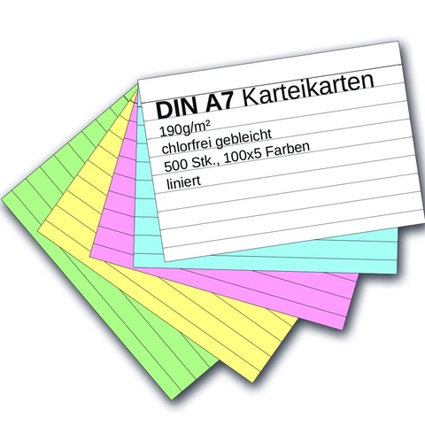 Karteikarten 500 St&uuml;ck A7 farbig liniert