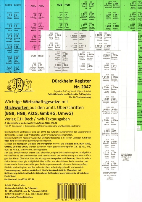 WIRTSCHAFTSGESETZE-STEUERRECHT (BGB, HGB, GmbHG, AktG, UmwG) D&uuml;rckheim-Griffregister Nr. 2047 (2018) mit Stichworten - 