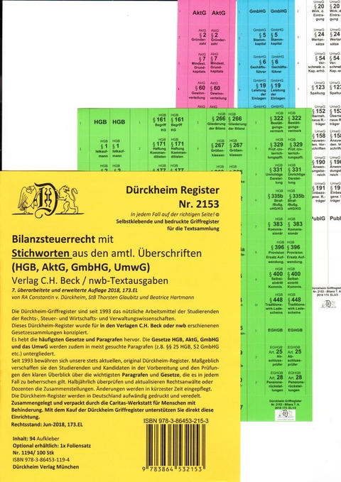 D&uuml;rckheimRegister&reg; BILANZSTEUERRECHT (AktG, GmbHG, HGB, UmwG) mit Stichworten (2019) - Thorsten Glaubitz, Constantin D&uuml;rckheim, Beatrice Hartmann