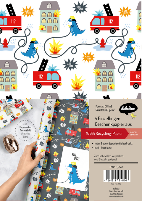 Geschenkpapier-Set f&uuml;r Kinder, Feuerwehr/Dinosaurier
