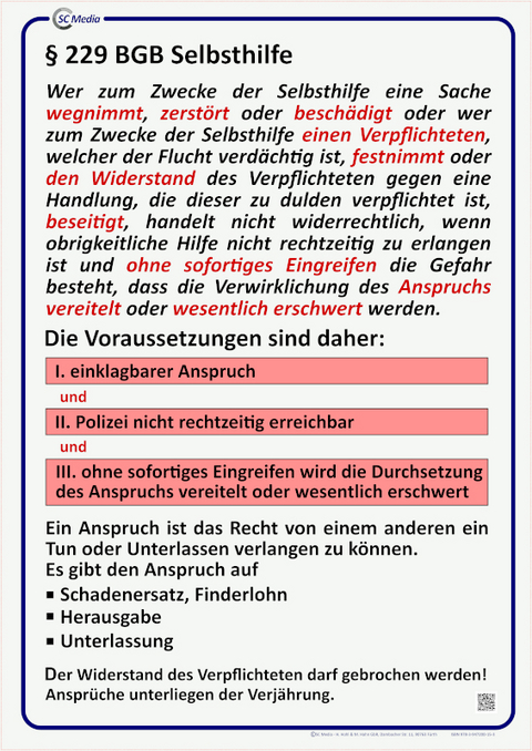 Lehrtafel &sect; 229 BGB Selbsthilfe - Helmut Hohl