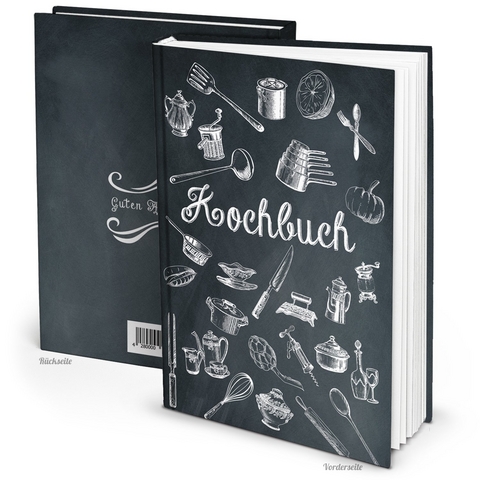 Rezeptbuch vintage K&uuml;chenutensilien schwarz wei&szlig; (Hardcover A5, Blankoseiten)