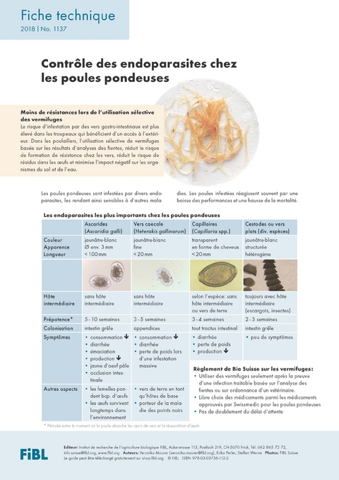 Contr&ocirc;le des endoparasites chez les poules pondeuses - Veronika Maurer, Erika Perler, Steffen Werne