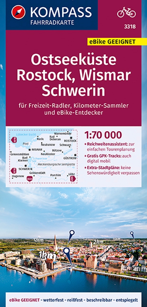 KOMPASS Fahrradkarte 3318 Ostseek&uuml;ste, Rostock, Wismar, Schwerin 1:70.000