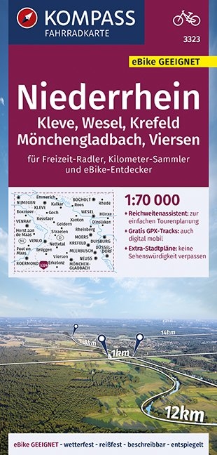 KOMPASS Fahrradkarte Niederrhein, Kleve, Wesel, Krefeld, M&ouml;nchengladbach, Viersen 1:70.000, FK 3323 - 