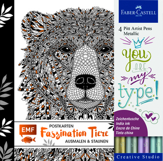 Faszination Tiere Postkarten Set mit 4 original Faber-Castell Pitt Artist Pens Metallic