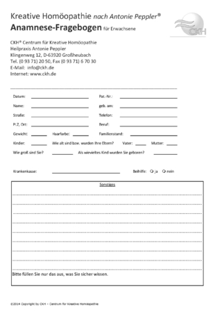 Anamnese-Fragebogen der Kreativen Homöopathie nach Antonie Peppler für Erwachsene