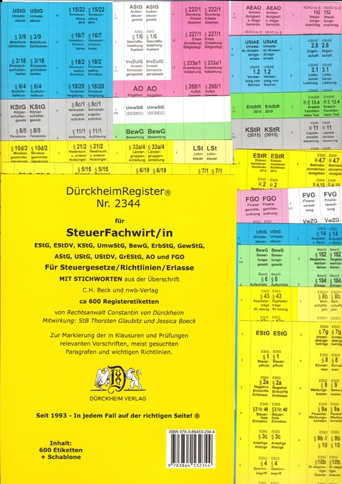 D&uuml;rckheimRegister&reg; STEUERFACHWIRT/IN f&uuml;r die Steuergesetze- Richtlinien + Erlasse mit Stichworten - Constantin von D&uuml;rckheim