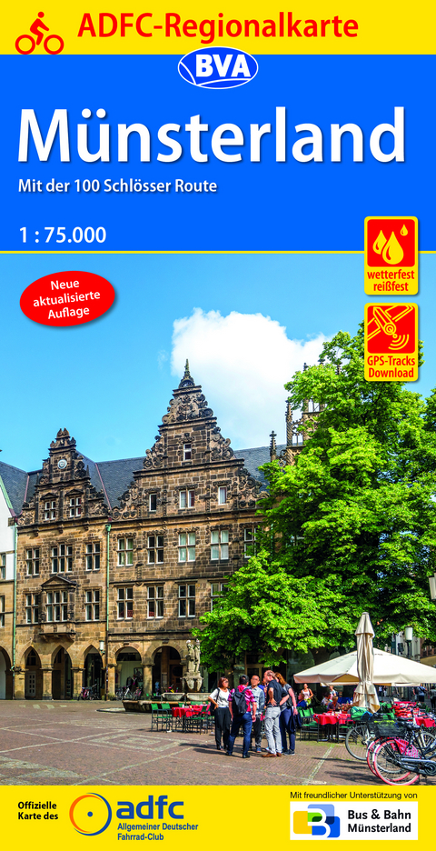 ADFC-Regionalkarte M&uuml;nsterland mit Tagestouren-Vorschl&auml;gen, 1:75.000, rei&szlig;- und wetterfest, GPS-Tracks Download