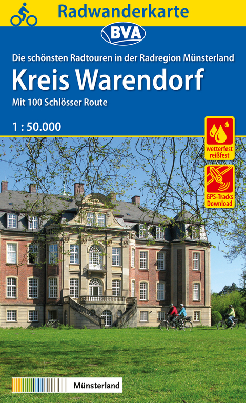 Radwanderkarte BVA Radregion M&uuml;nsterland Kreis Warendorf mit 100 Schl&ouml;sser Route 1:50.000, rei&szlig;- und wetterfest, GPS-Tracks Download