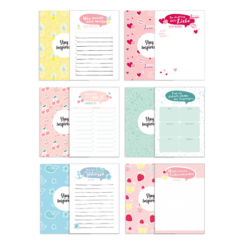 6 Blöcke inkl. To Do Liste, Notizblock, Wochenplaner bzw. Kalender, Einkaufsliste und Block für Liebesbotschaften. 50 Seiten pro Block mit farbenfroher Rückseite in DIN A6. Verpackt in passender Geschenkschachtel - Lisa Wirth