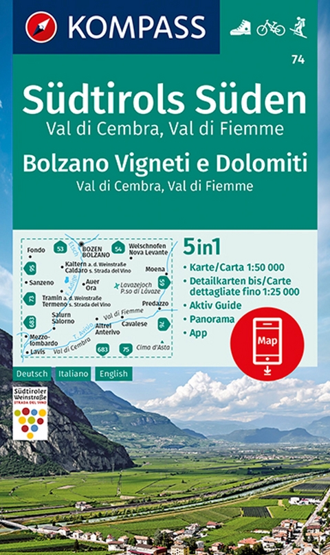 KOMPASS Wanderkarte 74 S&uuml;dtirols S&uuml;den - Bolzano Vigneti e Dolomiti - Val di Cembra - Val di Fiemme 1:50.000
