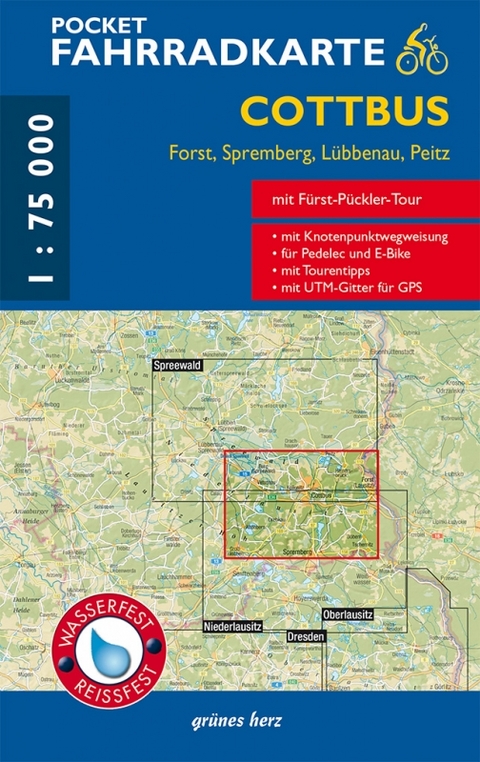 Pocket-Fahrradkarte Cottbus, Forst, Spremberg, L&uuml;bben, Peitz