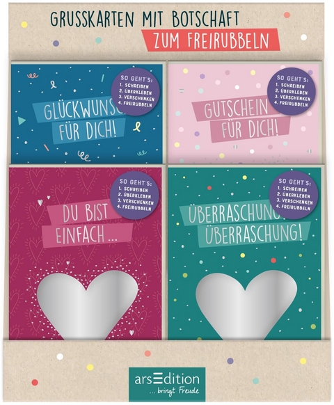 Display Gru&szlig;karten mit Botschaft zum Freirubbeln