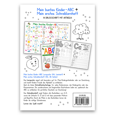 Mein buntes Kinder-ABC DIN A4 laminiert + Mein erstes Schreiblernheft - Set in Druckschrift - Helga Momm