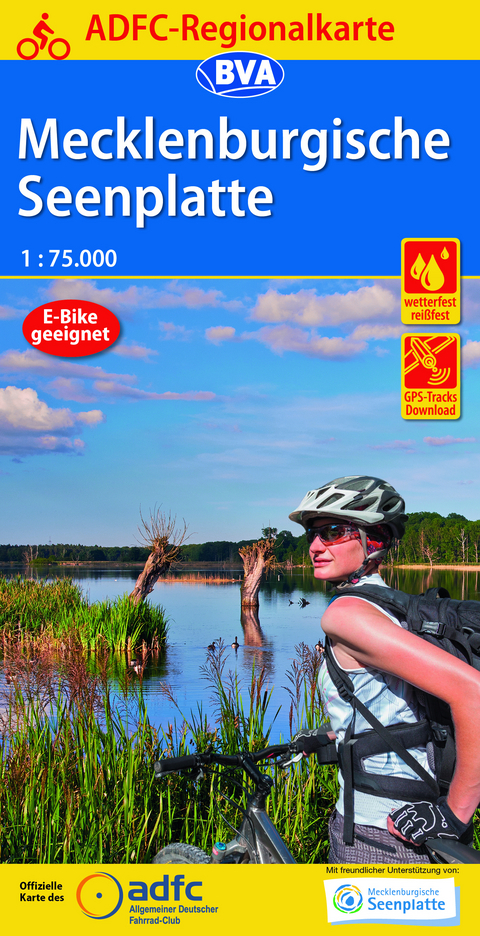 ADFC-Regionalkarte Mecklenburgische Seenplatte, 1:75.000, mit Tagestourenvorschl&auml;gen, rei&szlig;- und wetterfest, E-Bike-geeignet, mit Knotenpunkten, GPS-Tracks Download