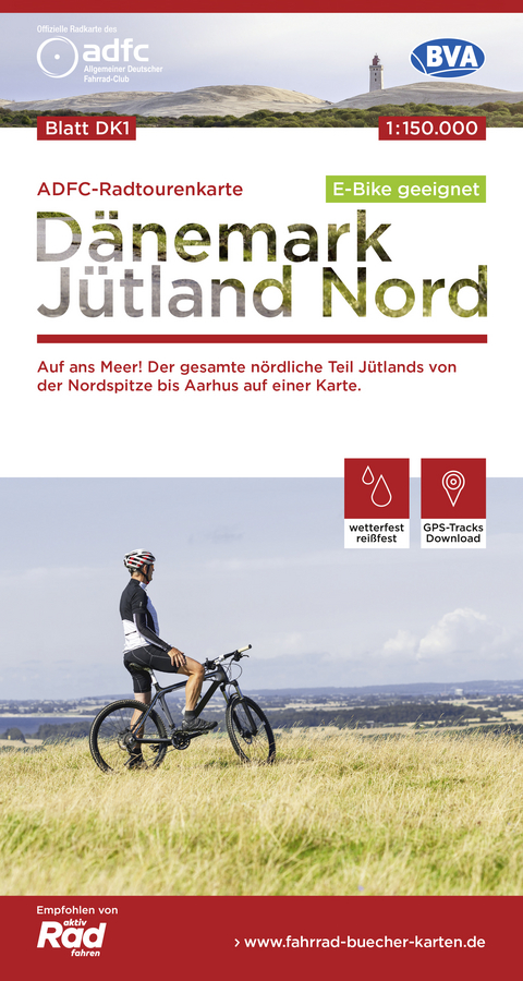 ADFC-Radtourenkarte DK1 D&auml;nemark/J&uuml;tland Nord 1:150.000, rei&szlig;- und wetterfest, E-Bike geeignet, GPS-Tracks Download