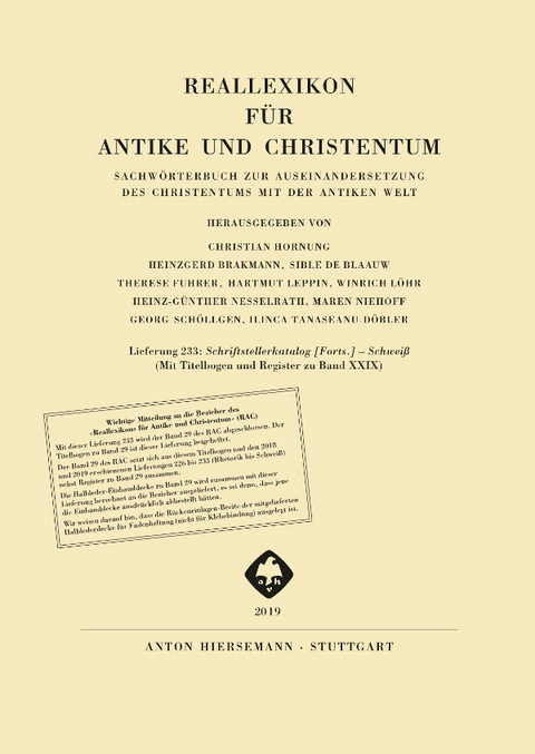 Reallexikon f&uuml;r Antike und Christentum - 