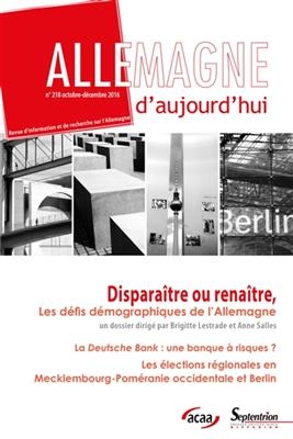 Allemagne d'aujourd'hui, n° 218. Disparaître ou renaître, les défis démographiques de l'Allemagne
