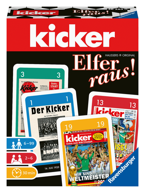 Ravensburger 26283 - kicker Elfer raus! - Spiel f&uuml;r Fu&szlig;ballfans, f&uuml;r Erwachsene und Kinder ab 6 Jahren, beliebter Kartenspiel-Klassiker im kickerDesign f&uuml;r 2-6 Spieler -  &copy; Hausser