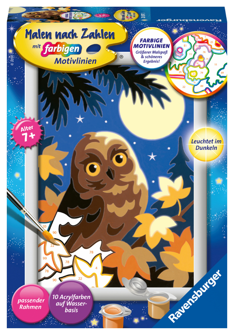 CreArt, Malen nach Zahlen Kinder - Eule im Mondschein