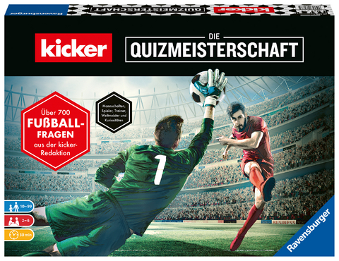 Ravensburger 26288 - kicker - Die Quizmeisterschaft, Spiel f&uuml;r Fu&szlig;ballfans, Quizspiel im kicker-Design ab 10 Jahren f&uuml;r Kinder und Erwachsene, Fu&szlig;ball zu Zuhause f&uuml;r 2-6 Spieler