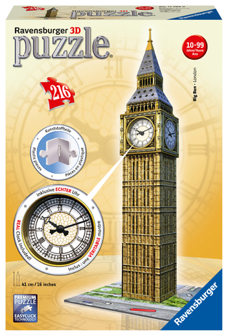 Ravensburger 3D Puzzle 12586 - Big Ben mit Uhr - 216 Teile - Das weltbekannte Londoner Wahrzeichen zum selber Puzzeln ab 8 Jahren