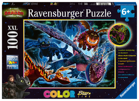 Ravensburger Kinderpuzzle - 13710 Leuchtende Dragons - Dragons-Leuchtpuzzle f&uuml;r Kinder ab 6 Jahren, mit 100 Teilen im XXL-Format, Leuchtet im Dunkeln