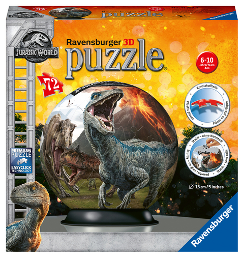 Ravensburger 3D Puzzle 11757 - Puzzle-Ball Jurassic World - 72 Teile - Puzzle-Ball f&uuml;r Dinosaurier-Fans ab 6 Jahren