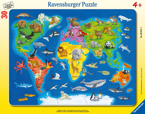 Ravensburger Kinderpuzzle - 06641 Weltkarte mit Tieren - Rahmenpuzzle f&uuml;r Kinder ab 4 Jahren, mit 30 Teilen