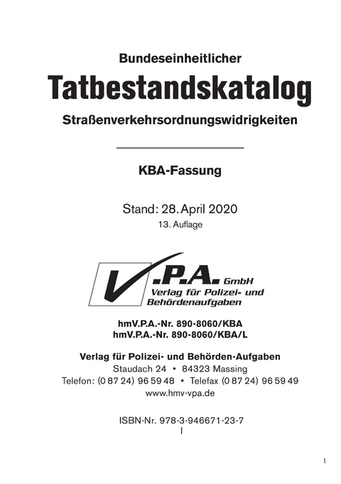 13. Erg&auml;nzungslieferung zum Bundeseinheitlicher Tatbestandskatalog, KBA-Fassung, DIN A 5, Loseblatt-Werk - 
