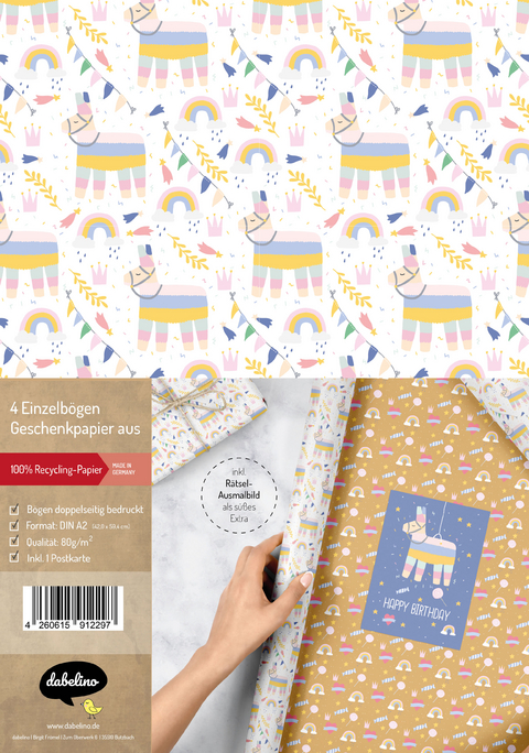 Geschenkpapier-Set f&uuml;r Kinder: Lama-Pinata