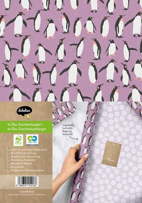 Geschenkpapier Set Weihnachten: Pinguine (lila, wei&szlig;) f&uuml;r Kinder