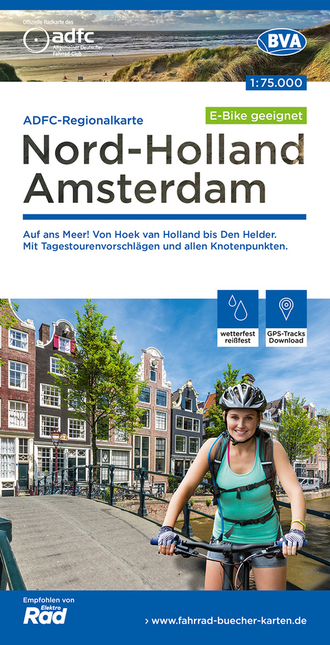 ADFC-Regionalkarte Nord-Holland Amsterdam, 1:75.000, mit Tagestourenvorschl&auml;ge, rei&szlig;- und wetterfest, E-Bike-geeignet, mit Knotenpunkten, GPS-Tracks Download