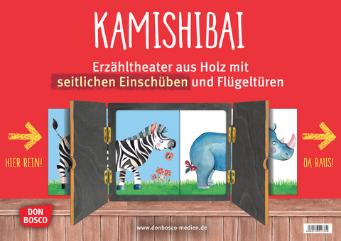 Kamishibai mit seitlichem Einschub, durchsichtiger R&uuml;ckwand und Fl&uuml;gelt&uuml;ren. Erz&auml;hltheater f&uuml;r Bildkarten in DIN A3