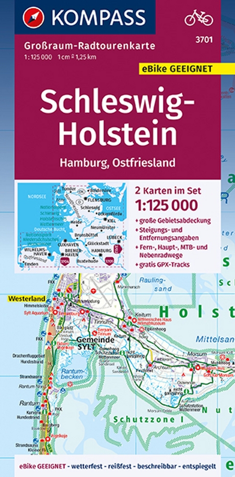 KOMPASS Gro&szlig;raum-Radtourenkarte Schleswig-Holstein, Hamburg, Ostfriesland, 1:125000 - 
