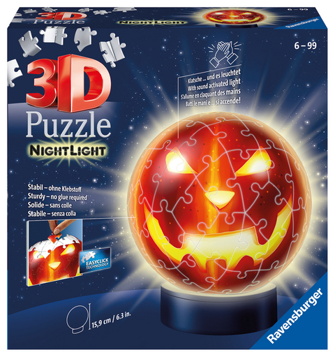 Ravensburger 3D Puzzle K&uuml;rbiskopf Nachtlicht 11253 - Puzzle-Ball - 72 Teile - f&uuml;r Halloween Fans ab 6 Jahren