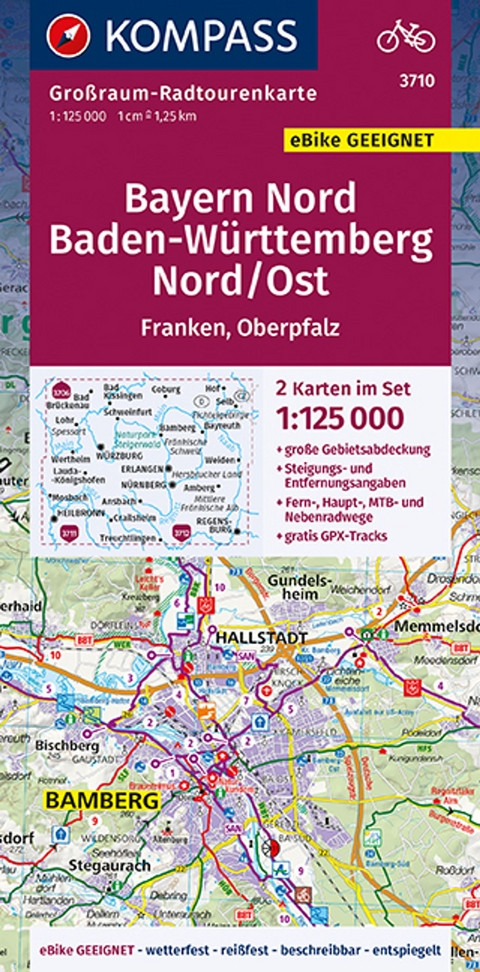 KOMPASS Gro&szlig;raum-Radtourenkarte Bayern Nord, Baden-W&uuml;rttemberg Nord/Ost, 1:125000