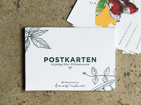Postkartenset von 16 Obst und Gem&uuml;sesorten