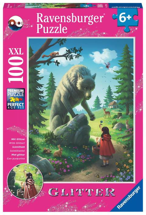 Ravensburger Kinderpuzzle - 12988 Rotk&auml;ppchen und der Wolf - M&auml;rchen-Puzzle f&uuml;r Kinder ab 6 Jahren, mit 100 Teilen im XXL-Format, mit Glitzer