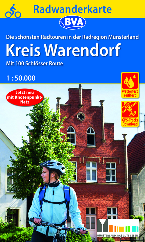 Radwanderkarte BVA Radregion M&uuml;nsterland Kreis Warendorf mit 100 Schl&ouml;sser Route 1:50.000, rei&szlig;- und wetterfest, GPS-Tracks Download
