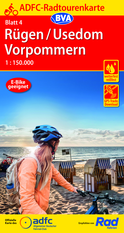 ADFC-Radtourenkarte 4 R&uuml;gen/Usedom Vorpommern 1:150.000, rei&szlig;- und wetterfest, E-Bike geeignet, GPS-Tracks Download