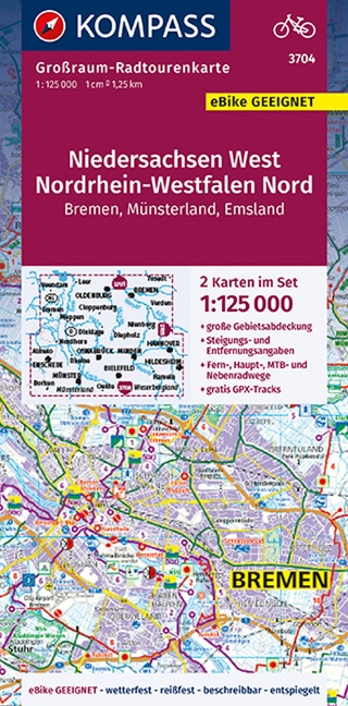 KOMPASS Großraum-Radtourenkarte 3704 Niedersachsen West, Nordrhein-Westfalen Nord, 1:125.000