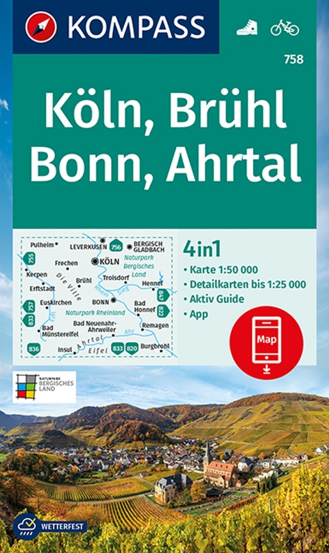 KOMPASS Wanderkarte 758 K&ouml;ln, Br&uuml;hl, Bonn, Ahrtal 1:50.000