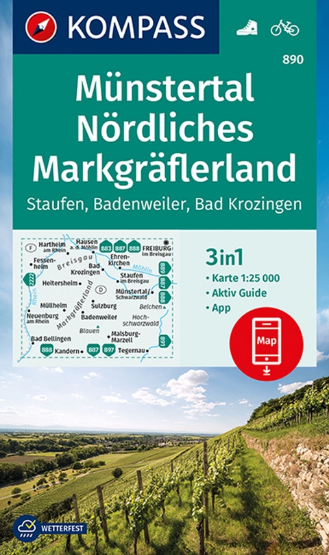 KOMPASS Wanderkarte 890 M&uuml;nstertal, N&ouml;rdliches Markgr&auml;flerland, Staufen, Badenweiler, Bad Krozingen 1:25.000