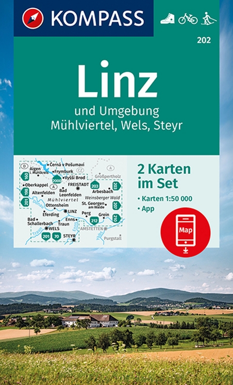 KOMPASS Wanderkarten-Set 202 Linz und Umgebung, M&uuml;hlviertel, Wels, Steyr (2 Karten) 1:50.000