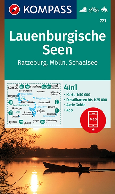 KOMPASS Wanderkarte 721 Lauenburgische Seen, Ratzeburg, M&ouml;lln, Schaalsee 1:50.000