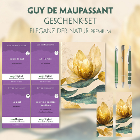 Guy de Maupassant Geschenkset - 4 B&uuml;cher (mit Audio-Online) + Eleganz der Natur Schreibset Premium - Guy de Maupassant